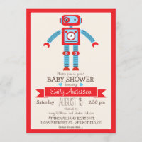 Süße rote und blaue Vintage-Roboter-Baby-Party