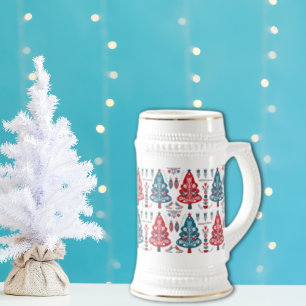 Süße rote und blaue Weihnachtsbaum-Nordik-Muster Bierglas