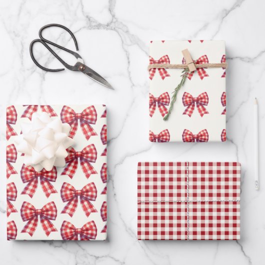 Süße rote und cremefarbene Gingham-Schleife Geschenkpapier Set (Vorderseite)