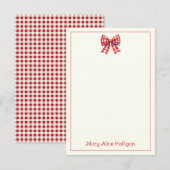 Süße rote und cremefarbene Gingham-Schleife Mitteilungskarte (Vorne/Hinten)