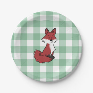 Süße Rotfuchs-Grün-Gingham-Baby-Party Pappteller