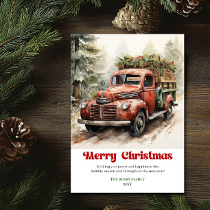 Süße rustikale Weihnachtsszene roter LKW Winter Feiertagskarte