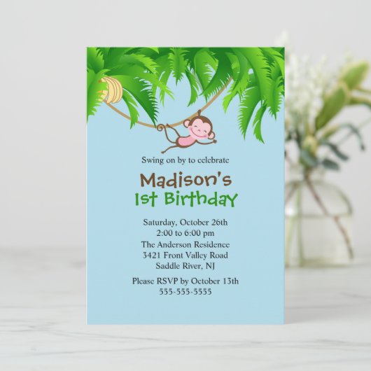 Süße Safari-Affe zum Geburtstag Einladung (Stehend Vorderseite)