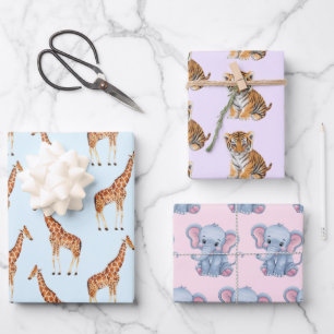 Süße Safari-Dschungeltiere Elefant Tiger Giraffe  Geschenkpapier Set
