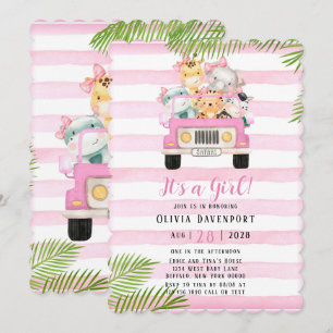 Süße Safari-Elefanten- & Freunde-Girl-Babyparty Einladung