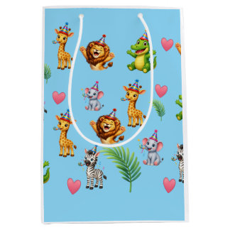 Süße Safari-Tiere Geburtstags-Geschenkpapier | Jun Mittlere Geschenktüte
