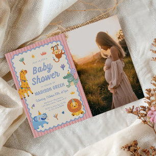 Süße Safari-Tiere Mädchen Baby Shower Foto Einladung
