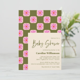 Süße Schachbrett-Blumen Grün Rosa Babyparty Einladung