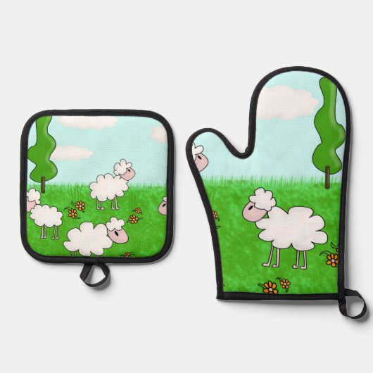 Süße Schafkinder-Illustration Ofenhandschuh & Topflappen-Set (Vorderseite)