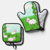 Süße Schafkinder-Illustration Ofenhandschuh & Topflappen-Set (Vorderseite/Rückseite)