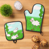 Süße Schafkinder-Illustration Ofenhandschuh & Topflappen-Set (Oben Unten)