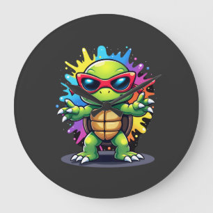Süße Schildkröte mit Sonnenbrille, Farbspritzer, M Große Wanduhr