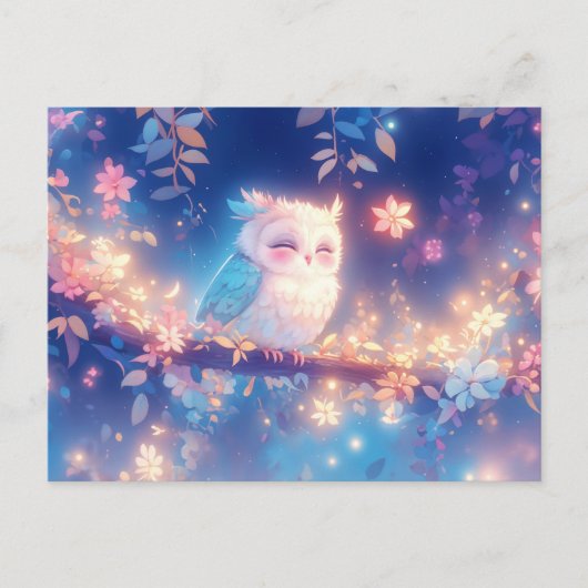 Süße schlafende Eule im rosa Blumengarten Postkarte (Vorderseite)
