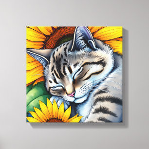 Süße schlafende graue Katze und Sonnenblume Leinwanddruck