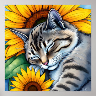 Süße schlafende graue Katze und Sonnenblume Poster
