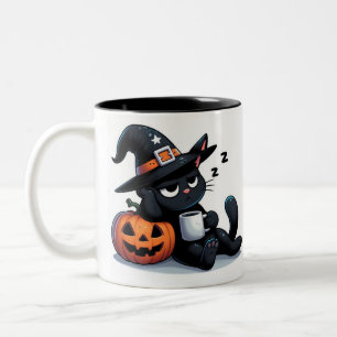 Süße schlafende Hexenkatze & Kürbis Halloween Zweifarbige Tasse