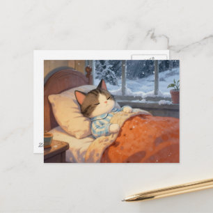 Süße schlafende Katze Winter Schnee draußen Postkarte