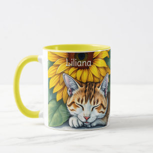 Süße schlafende Kitty-Katze und Sonnenblumen perso Tasse
