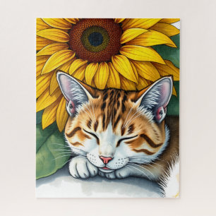 Süße schlafende Kitty-Katze und Sonnenblumen Puzzle