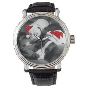 Süße schlafende Pitbull-Welpen Weihnachten Santa Armbanduhr