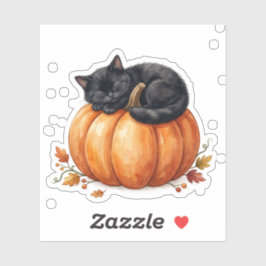 Süße schlafende schwarze Katze auf Kürbis gemütlic Aufkleber