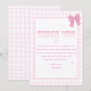 Süße Schleife Pastellrosa Gingham-Baby-Party Dankeskarte
