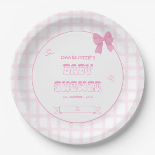 Süße Schleife Pastellrosa Gingham-Baby-Party Pappteller