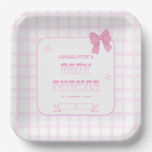 Süße Schleife Pastellrosa Gingham-Baby-Party Quadr Pappteller