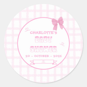 Süße Schleife Pastellrosa Gingham-Baby-Party Runder Aufkleber