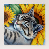 Süße schlummernde graue Katze und Sonnenblume Puzzle (Horizontal)