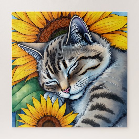 Süße schlummernde graue Katze und Sonnenblume Puzzle (Vertikal)