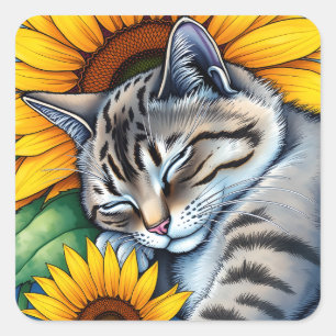 Süße schlummernde graue Katze und Sonnenblume Quadratischer Aufkleber