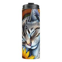 Süße schlummernde graue Katze und Sonnenblume