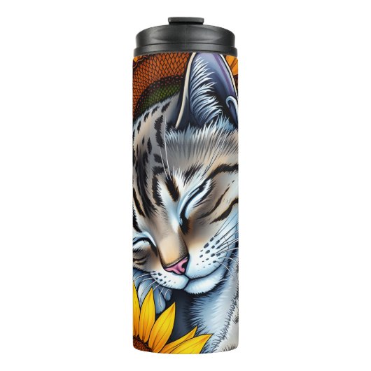 Süße schlummernde graue Katze und Sonnenblume Thermosbecher (Vorderseite)