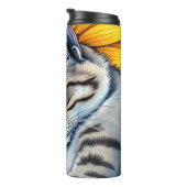Süße schlummernde graue Katze und Sonnenblume Thermosbecher (Nach rechts gedreht)