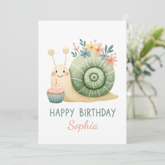 Süße Schnecke mit Cupcake- Happy Birthday Einladung (Stehend Vorderseite)