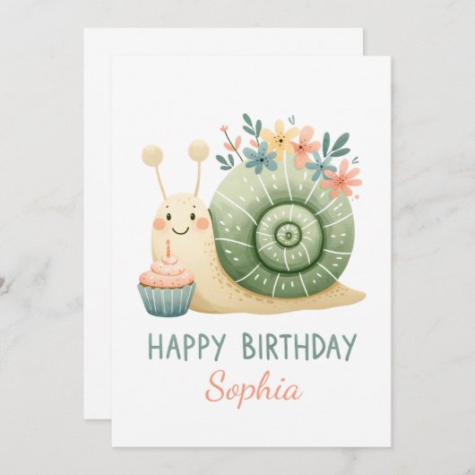Süße Schnecke mit Cupcake- Happy Birthday Einladung (Vorne/Hinten)