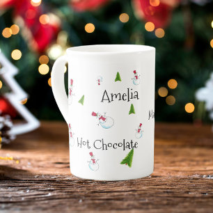 Süße Schneemänner & Weihnachtsbaum personalisiert Porzellantasse