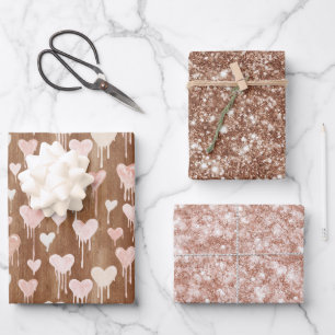 Süße Schokoladen-Herzen Creme Braun Rosa Glitter Geschenkpapier Set