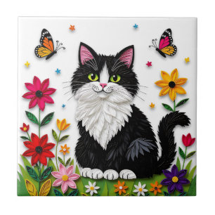 Süße Schwarz-Weiß-Katze, Blumen und Schmetterlinge Fliese