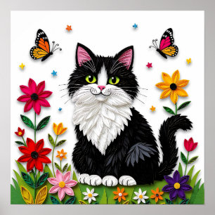 Süße Schwarz-Weiß-Katze, Blumen und Schmetterlinge Poster