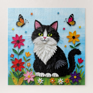 Süße Schwarz-Weiß-Katze, Blumen und Schmetterlinge Puzzle