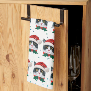 Süße Schwarz-Weiß-Katze mit Weihnachtsmannmütze We Geschirrtuch