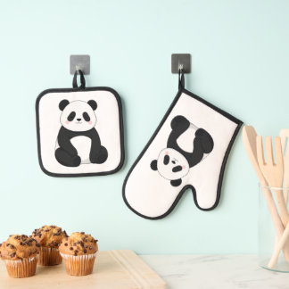 Süße Schwarz-Weiß-Panda Ofenhandschuh & Topflappen-Set