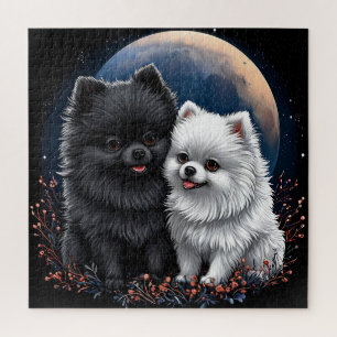 Süße Schwarz-Weiß-Pomeranian-Welpen Puzzle