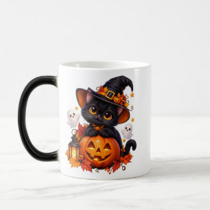 Süße schwarze Halloween-Katze mit Kürbis-Farbenwec Verwandlungstasse