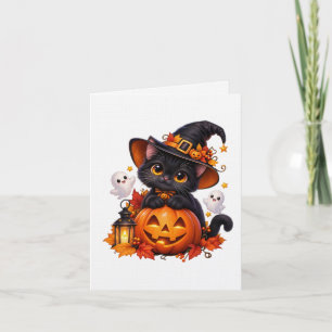 Süße schwarze Halloween-Katze mit Kürbis – Grusel Karte