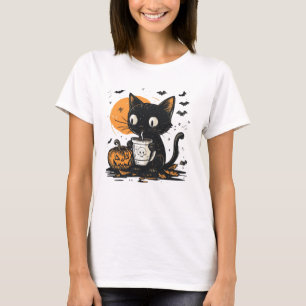 Süße schwarze Halloween-Katze mit Kürbis und gruse T-Shirt