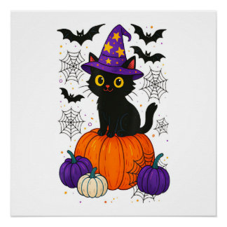 Süße schwarze Hexenkatze Kürbis Halloween Kostüm F Poster