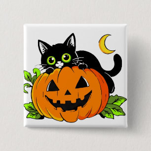 Süße schwarze Katze auf Halloween-Kürbis Jack-O'-L Button